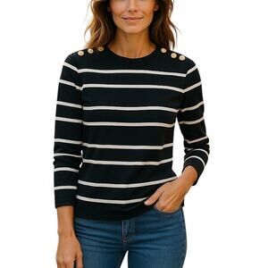 J. Crew Perfect Fit Black Striped Button Shoulder Long Sleeve Top